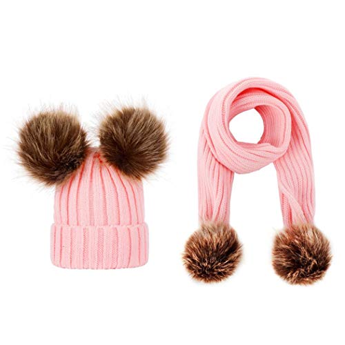Eubell Kids Hat and Scarf Set Winter Knit Beanie Faux Fur Pom Pom Hat Unisex Baby Warm Chunky Thick  - //coolthings.us