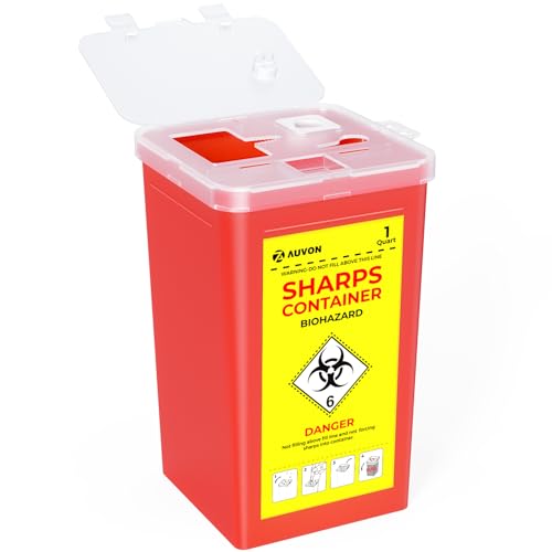 AUVON Sharps Container for Home Use with Split Lid Design and Locking Mechanism, 1 Quart Needle and Syringe Disposal Containers, Portable Container for Travel and Professional Use, 1-Pack