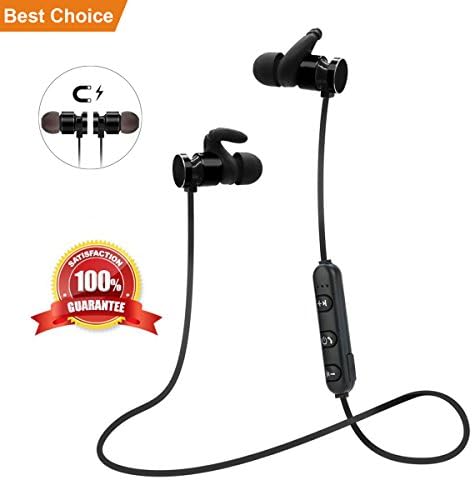 Wireless Bluetooth Earbuds;SquRod Metal Magnetic Necklace Earphone Noise Cancelling w/Mic Sweatproof Sport Workout Headsets for iPhone (Upgrade Battery Efficiency Apr.1)(Black)