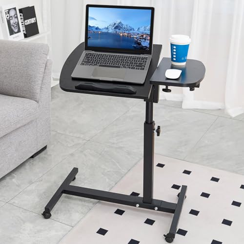 ZERIFAM Movable Computer Desk with Wheels, Adjustable Overbed Table, Tilting Desktop, Rolling Laptop Desk for Bed, Sofa, Or Hospital Use, Mobile Standing Desk for Laptop, Notebook, And Meals (BLACK)