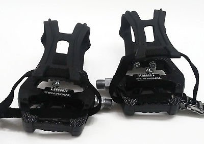 SCHWINN MAGNESIUM SPD CLIP PEDALS w/ CLEATS, TOE CLIPS, AND STRAPS - OUTDOOR OR INDOOR CYCLING - 9/16"