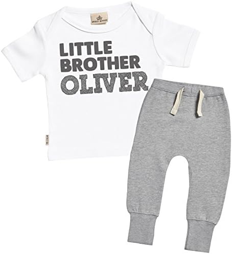 SR - Personalised Little Brother Custom Name Baby T-Shirt &amp; Joggers Baby Outfit Set - Personalised Baby Gift Set - White, Grey - 18-24 months