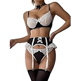 Lilosy Sexy Bow Choker Floral Lace Stocking Sheer Underwire Push Up Garter Lingerie Set