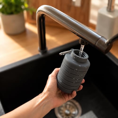 pandoo 700ml Collapsible Silicone Bottle - BPA Free, Leak Proof and Reusable - Lightweight Sports Water Bottle for Outdoor, Travel, Fitness - Black & Lilac (Black)