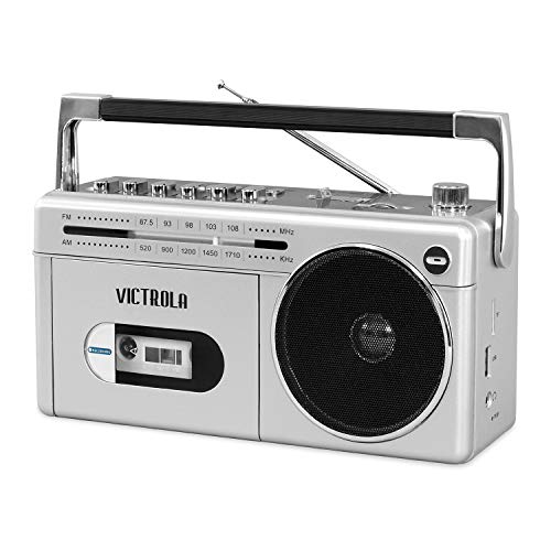 Victrola VBB-25-SLV  Mini Bluetooth Boombox with Cassette Player, Recorder and Am/FM Radio, Silver
