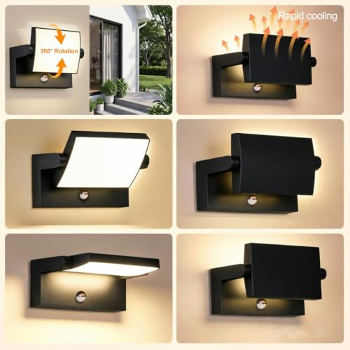 GXXG 40W Applique Murale Exterieur avec Détecteur de Mouvement 4000Lm Noir Applique Interieur avec panneau LED pivotant à 350° 3000K Blanc Chaud Projecteur Exterieur étanche IP65