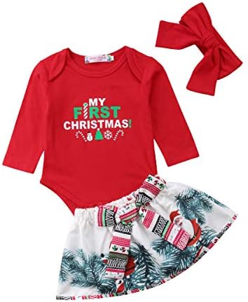 My First Christmas Outfit Toddler Newborn Baby Girls Xmas Romper+Bowknot Santa Skirt+Headband 3PCS Set
