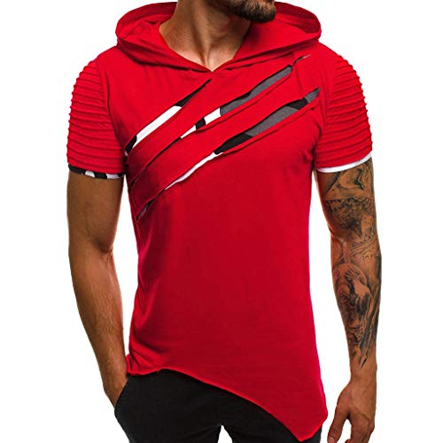 Letdown_Men tops Hooded Shirts for Men Short Sleeve Scratch Zipper Pattern Casual Slim Fit T-Shirts Mens Fashion Summer Shirt Red