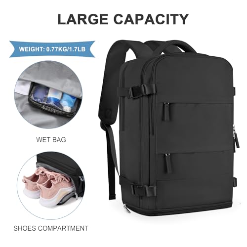 coowoz Travel Backpack For Women Men,Carry On Backpack,Hiking Backpack Waterproof Outdoor Sports Rucksack Casual Daypack Travel Essentials（Black） 25L