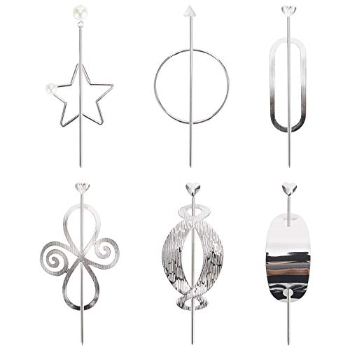 6 Pack Vintage Retro Decorative Metal Silver Hair Sticks Hairpins Shawl Pins Long Forks Chopsticks Clips Barrettes Buns Chignon Holder Hair Styles Circle Star Hollow Fancy Accessories