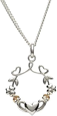 BoruBiddy Murhphy Irish Sterling Silver Shamrock, Traditional Claddagh Heart Necklace, 10k Gold Crown Accent, 7/8" Inch, Timeless Celtic Jewelry for Women, Imported from Ireland