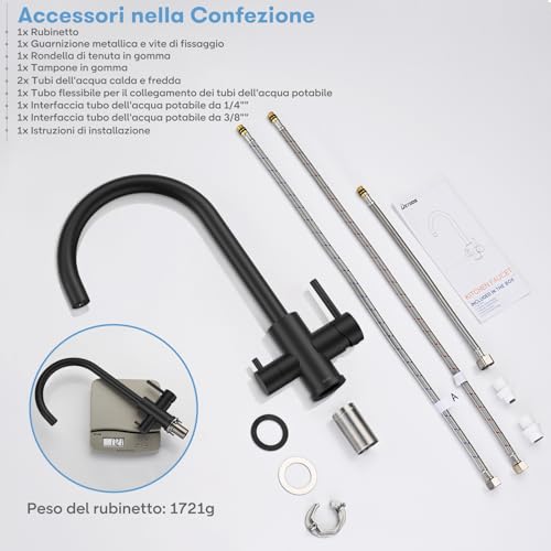 DETBOM 3 Way Kitchen Sink Tap for Osmosis Systems, 3 in 1 Double Lever Drinking Water, Hot and Cold, 360° Swivel, Stainless Steel, Matt Black