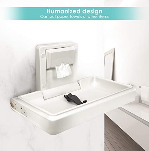 TUSY Wall-Mounted Baby Changing Station Horizontal Fold-Down Diaper Change Table with Safety Straps for Commercial Bathrooms and Home Supports up to 220 Lbs (White Granite)