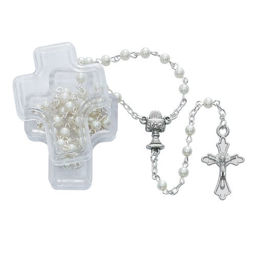 Beautiful White Pearl Communion Rosary with a Silver Ox Crucifix and Center