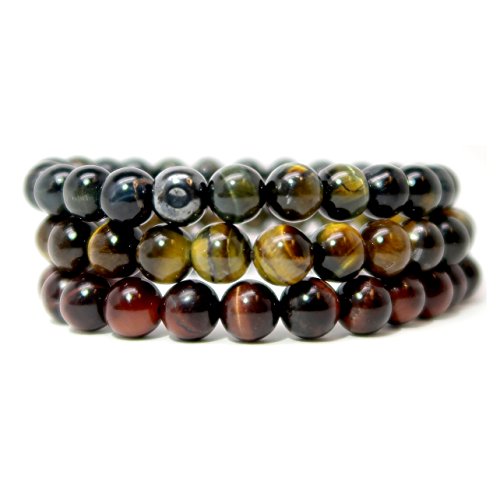 SatinCrystals Tigers Eye Medley Bracelet 7mm Boutique Golden Brown, Red, Blue Hawks Eye Stretch Handmade Set B01 (6)