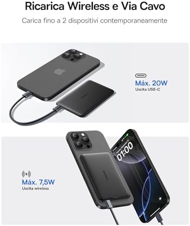 Picogo AM41 Power Bank, Ultra Slim 5000mAh Magsafe Powerbank, Ricarica Rapida PD 20W, Portatile, Magnetico Batteria Esterna Wireless con cavo USB C per iPhone 17/16/15/14/13/12, Nero