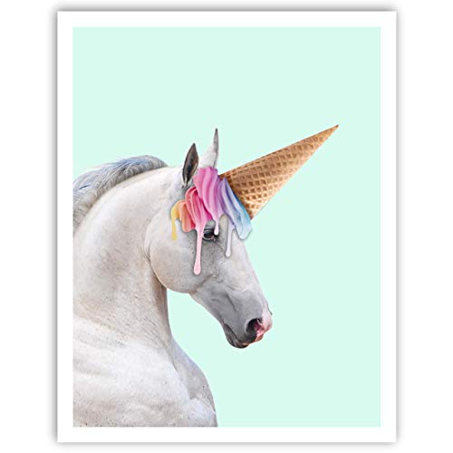 Horse & Rainbow Ice Cream Cone Unicorn Art Print Poster - Fun Home & Bedroom Wall Art for Girl's Bedroom & Home Decor 11x14 inches, Unframed