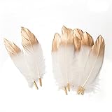 Ling's moment 12 Pcs Summer Sparkle Natural Pure White Gold Dipped Feathers In Bulk for Craft Party Decoration Baby Bridal Shower Home Wedding Decoration Birthday Party Table deco