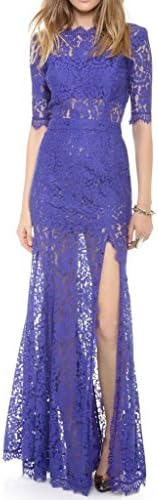 Mantos Women's Sexy Low Open V Back See through Crochet Lace Layered Maxi Dress