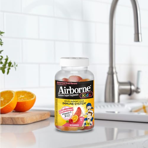 AIRBORNE KIDS 500MG VITAMIN C GUMMIES, KIDS IMMUNE SUPPORT ZINC GUMMIES WITH POWERFUL ANTIOXIDANTS VIT C & E – 63 , ASSORTED FRUIT FLAVOR