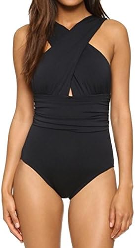 UNIMONG Women's Bathing Suit Front Criss Cross Ruched Backless One Piece Swimsuit Large Black