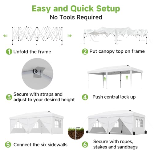 Real Relax 10x20ft Pop Up Portable Canopy Tent with 300D Silver-Coated Top, 6 Sidewalls, UV-Protective, Waterproof, Windproof, Easy Setup with 2 Central Locks for Camping, Wedding, White