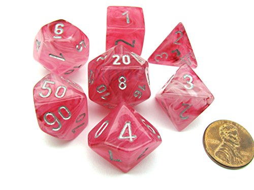 Polyhedral 7-Die Ghostly Glow Chessex Dice Set - Pink with Silver Numbers