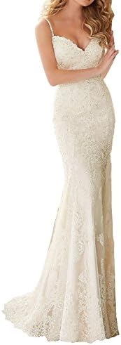 RightBride Women's Light Ivory Women's Spaghetti Straps V-Neck Lace Applique Mermaid Wedding Dresses 2017 for Bride Size 12