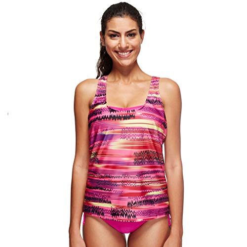 Women 3Pc Bikini Criss Cross Printed Top with Tie Side Bottoms Swimwear Swimsuit Tankini Set (XXL, Hot Pink)