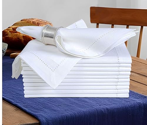 BEDDING CRAFT Set of 12 Cotton Cloth Dinner Napkin 18x18 White with Hemstitched Mitered Corners – Perfect for Wedding Dinner Parties and Table Decorations, Cloth Napkins