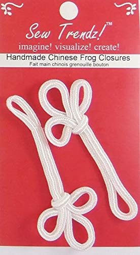 Sew Trendz-Vision Trims Handmade Chinese Frogs Button Closures- Sewing Quilting Renaissance Dance Hawaiian Bridal Costumes Outfit Drapery Home Décor- White- Long 3 Loops- 1.25"x3.25"- 2 Pcs/pk