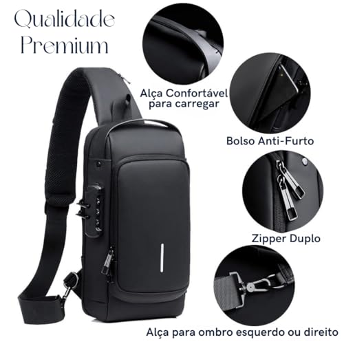 Mochila Transversal Masculina Mochila Feminina Unissex com cadeado à prova d água anti-roubo bolsa com porta de carregamento USB bolsa de ombro Impermeável Premium