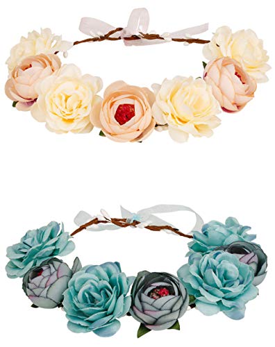 Thunaraz Women Boho Floral Crown Hair Wreath Flower Headband with Adjustable Ribbon Halo Festival Wedding Party - Thumbnail 7