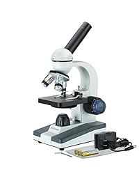 AmScope M150C PS25 Microscopio monocular de compuestos, oculares WF10x y WF25x, aumento de 40x  1000x, iluminación LED, campo brillante, condensador de lente individual, enfoque coaxial fino y grueso, etapa plana, 110V, incluye juego de 25 diapositivas pr