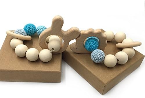 Amyster 2pcs Crochet Bead Teething Ring Set Untreated Beech Teether with Organic Wood Rabbit-Hedgehog Toy Wood Bracelet Baby Mom Kids Wooden Teether Bangle
