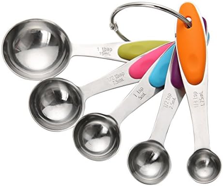 Measuring Spoons Set Stainless Steel 18/8 - Perfect for Baking and Cooking with Engraving US And Metric Measurement, Food Grade Soft Silicone Handle (Set of 5)