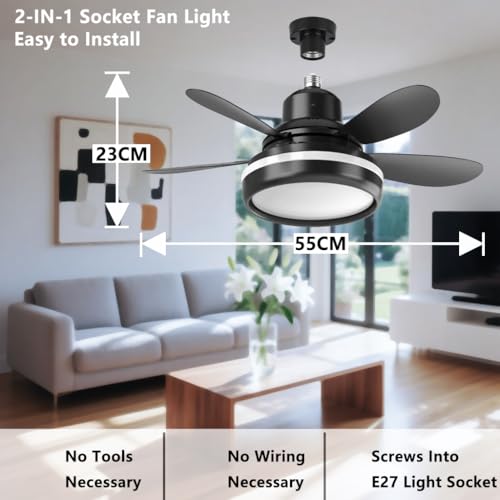 SPARKSOR Plug in Ceiling Fan Light with Remote Control Small Bayonet Screw in Bedroom Ceiling Fan, Energy Efficient Quiet, 55cm, Black