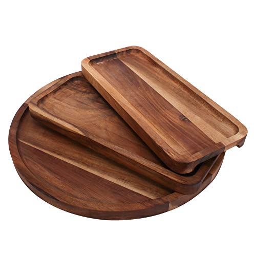 Kitchen Chefs Acacia Wood Cheese Board Set - Large Wooden Charcuterie Board with 2 x Rectangular Cheese Plates - Round Cutting Serving Tray Platter - Modern Housewarming, Birthday, Wedding Fancy Gift