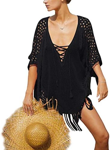 Mitinn Women Cover Ups for Swimwear Deep V Crochet Beach Dress Bathing Suit Coverups