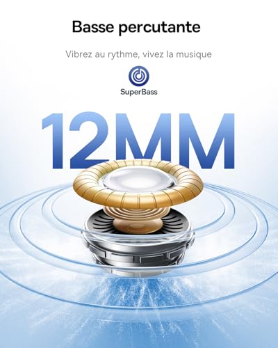 EP10 NC Écouteurs Bluetooth sans Fil, Ecouteurs sans Fil avec Réduction de Bruit Actif à -43dB, 24 Modes EQ, Conducteurs 12mm, SuperBass, 4-Mic AI pour Appels Clairs, IP55, 41H, Bluetooth 6.0