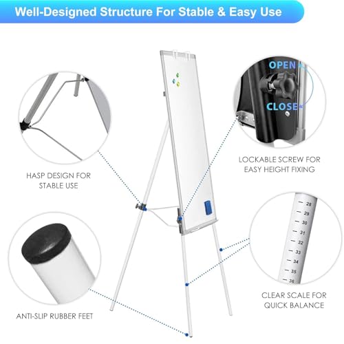 90x60Cm Easel Whiteboard, Tripod Height Adjustable Magnetic Portable Dry Erase Board, Flipchart Easel Stand White Board for Office School Classroom Teaching and Home