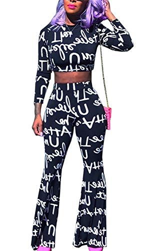 Womens Letter Print Long Sleeve Crop Top Waistband Flare Long Pants Two Piece Outfits