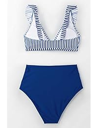 CUPSHE Bikini de cintura alta con volantes a rayas azules para dama