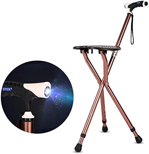 Folding Cane Seat 300 lbs Capacity Stool Adjustable Height Walking Stick for with LED Light Elder Parents Gift (Brown)