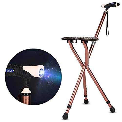 Folding Cane Seat 300 lbs Capacity Stool Adjustable Height Walking Stick for with LED Light Elder Parents Gift (Brown)