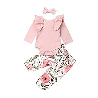 LXXIASHI 3PCS Newborn Baby Girls Solid Ruffle Long Sleeves Romper Tops + Floral Pants with Waistband+ Headband Outfits Set (Ruffle Pink-Flower Pink, 18-24 Months)