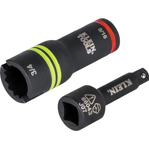 Klein Tools 66044 3-in-1 Flip Impact Socket, Alignment Slot, 9/16-Inch, 3/4-Inch Hex Sizes, 12-Point, 1/2-Inch to 3/8-Inch Square Adapter