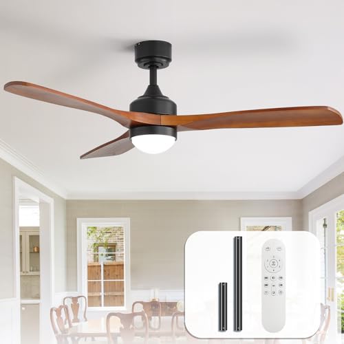 Sofucor 132cm Ventilador de Techo con Luz, Madera maciza Ventilador de Techo con Mando a Distancia, DC, 3 Temperaturas de Color, Temporizador, 6 Velocidades, Modo Verano Invierno para Salones