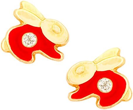 14K Yellow Gold Cubic Zirconia Enameled Rabbit Stud Kids Earrings With Safety Screw Backs (Red)