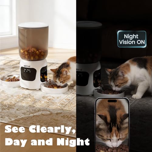 Dual-Lens Automatic Cat Feeder with Camera for 2 Cats, 6L1080P HD Video Pet Food Dispenser with Dual Bowls, AI Motion Detection & 2-Way Audio, App Control Timed Feeder for Multi-Cat Household